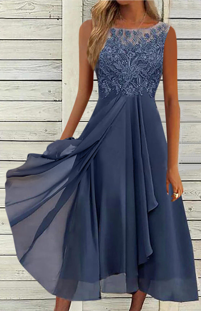 Women's Sleeveless Stitching Lace Hollow-out Chiffon Dress