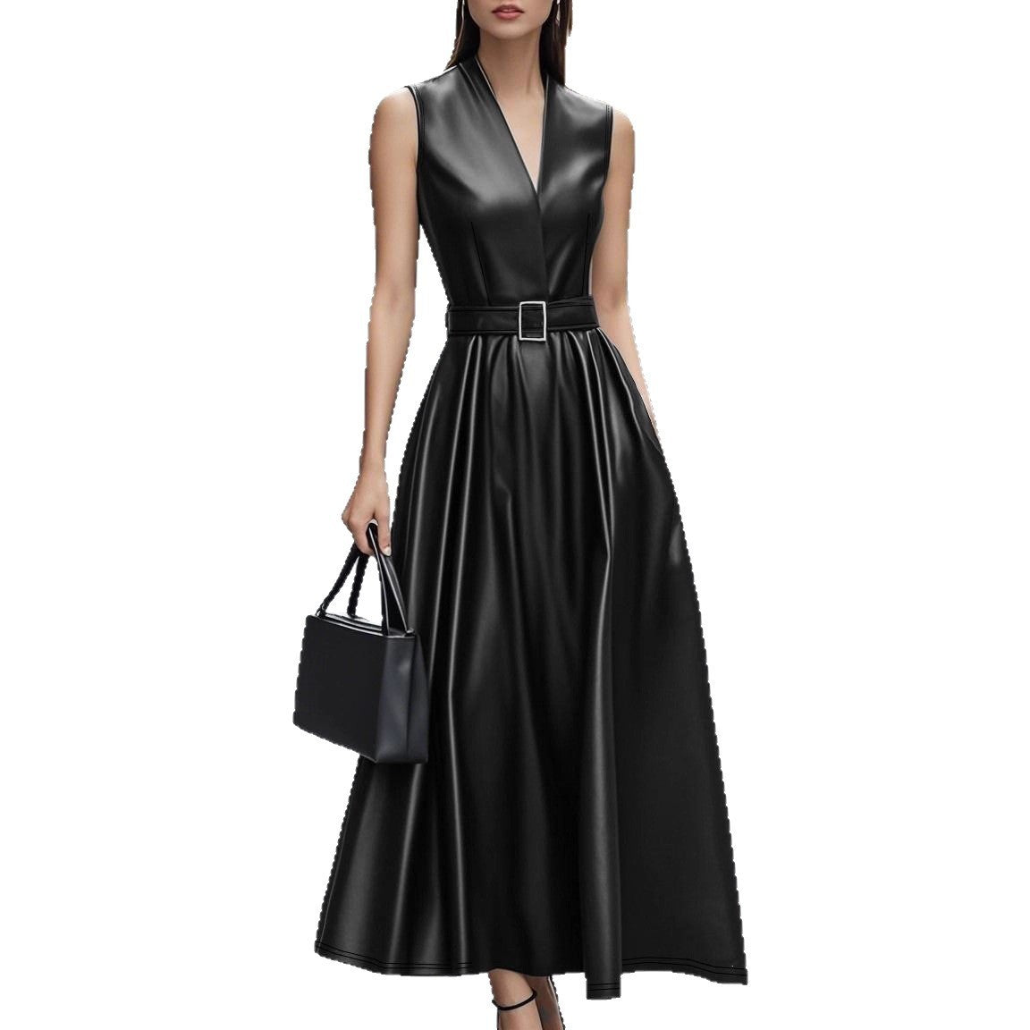 Fashionable Temperamental All-match Round Neck Sleeveless Belt Long Dress
