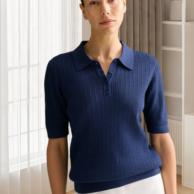 Tencel Hollow Out Bottoming Sweater Half Button Top