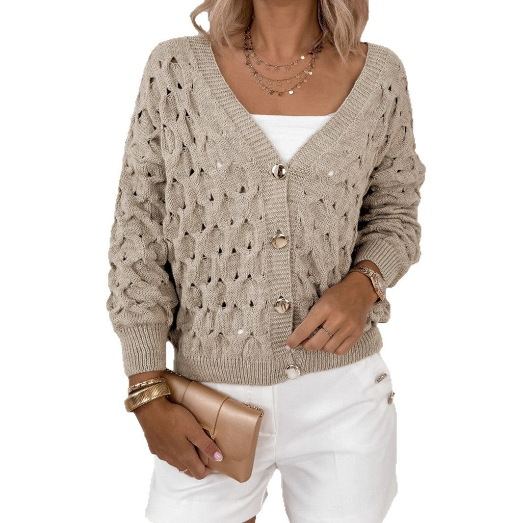 Hollow Artistic Retro V-neck Long-sleeved Coat For Women