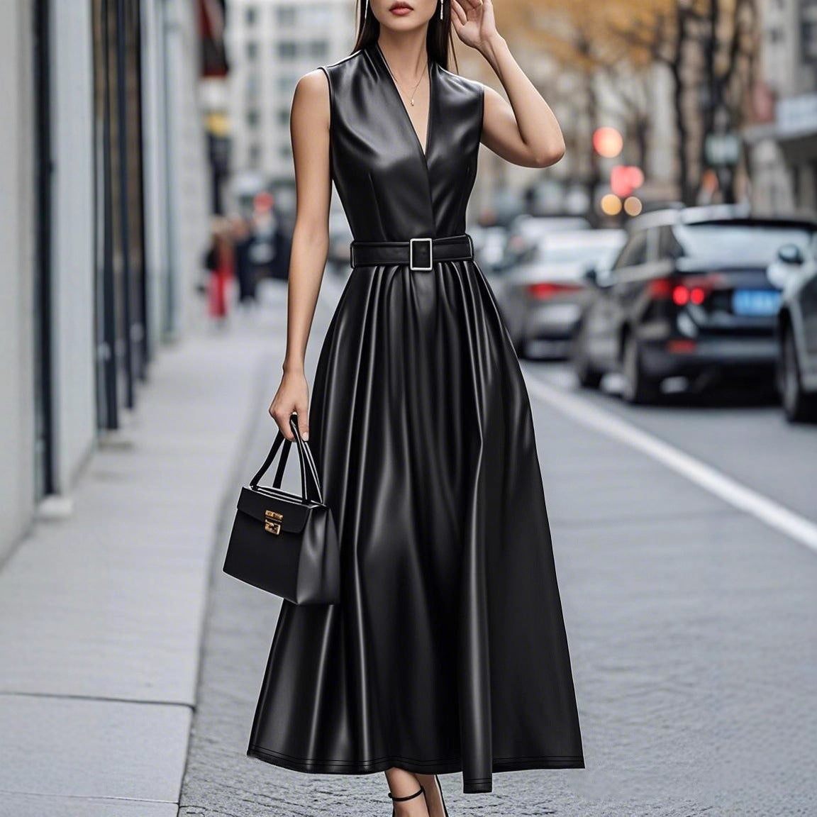 Fashionable Temperamental All-match Round Neck Sleeveless Belt Long Dress