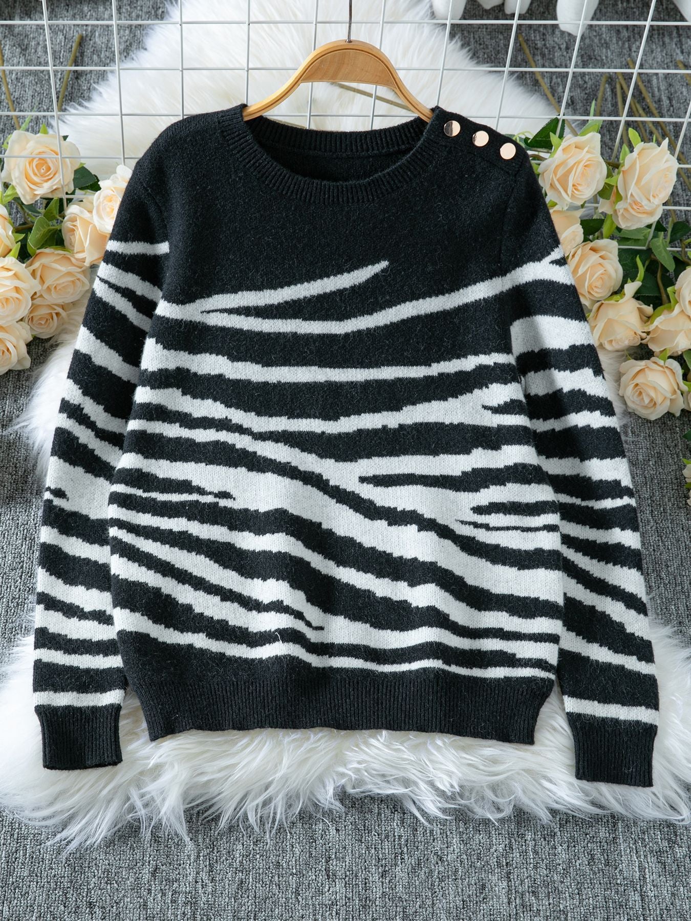 Zebra Print Round Neck Shoulder Button Long Sleeve Sweater