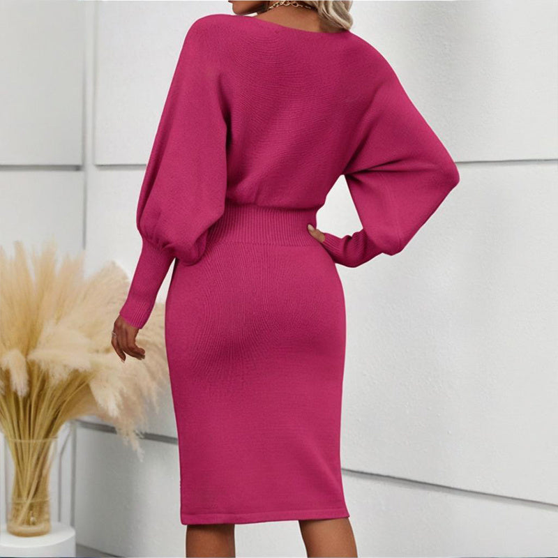 Women's Solid Color Round Neck Lantern Sleeve Bodycon Dress - Elastic Waist Knee-Length Knit Dress