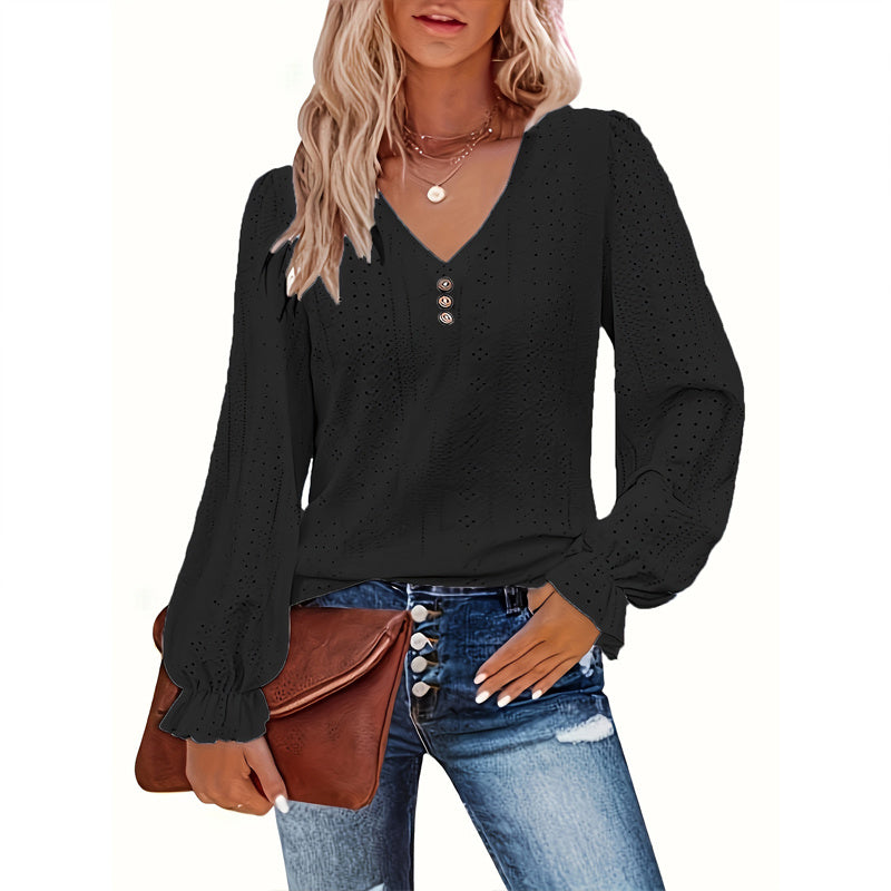 Plus Size Women's V-Neck Solid Top With Button Lantern Sleeves Hollow Out Detail Blouse For Spring&Fall