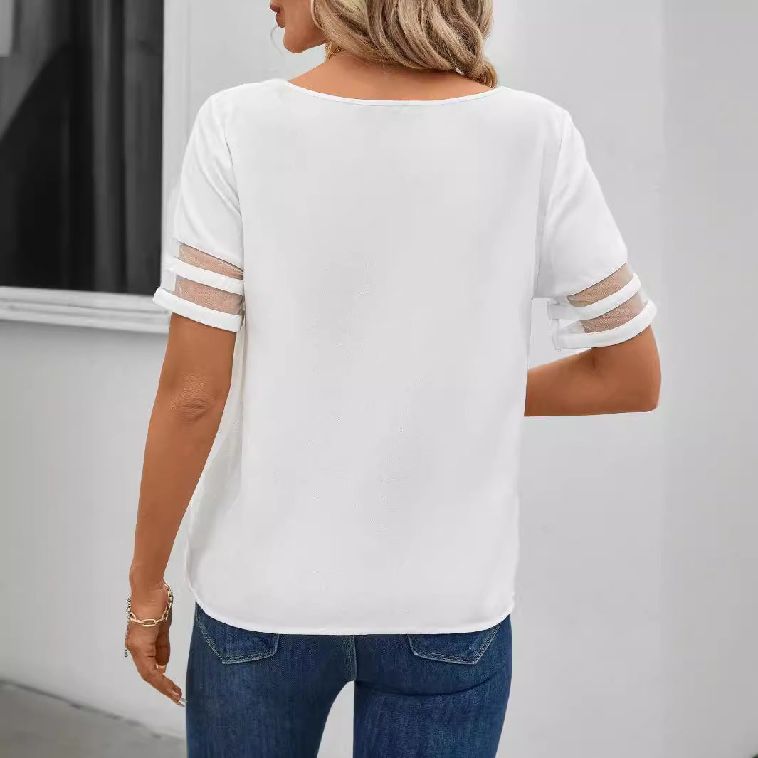 Summer Casual Simple Mesh Stitching Short Sleeve Women