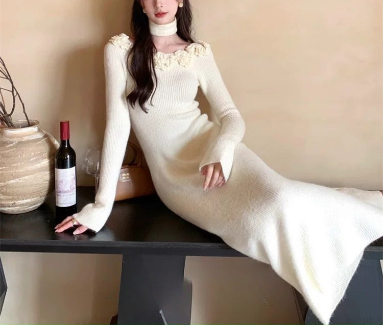 Classic Style French Style Flower Sweater Women's Autumn And Winter Dress
