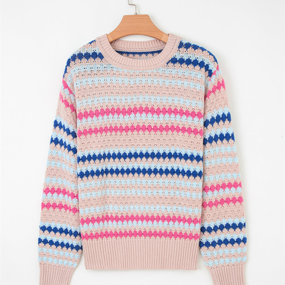 Women's Loose Contrast Color Striped Round Neck Pullover Sweater