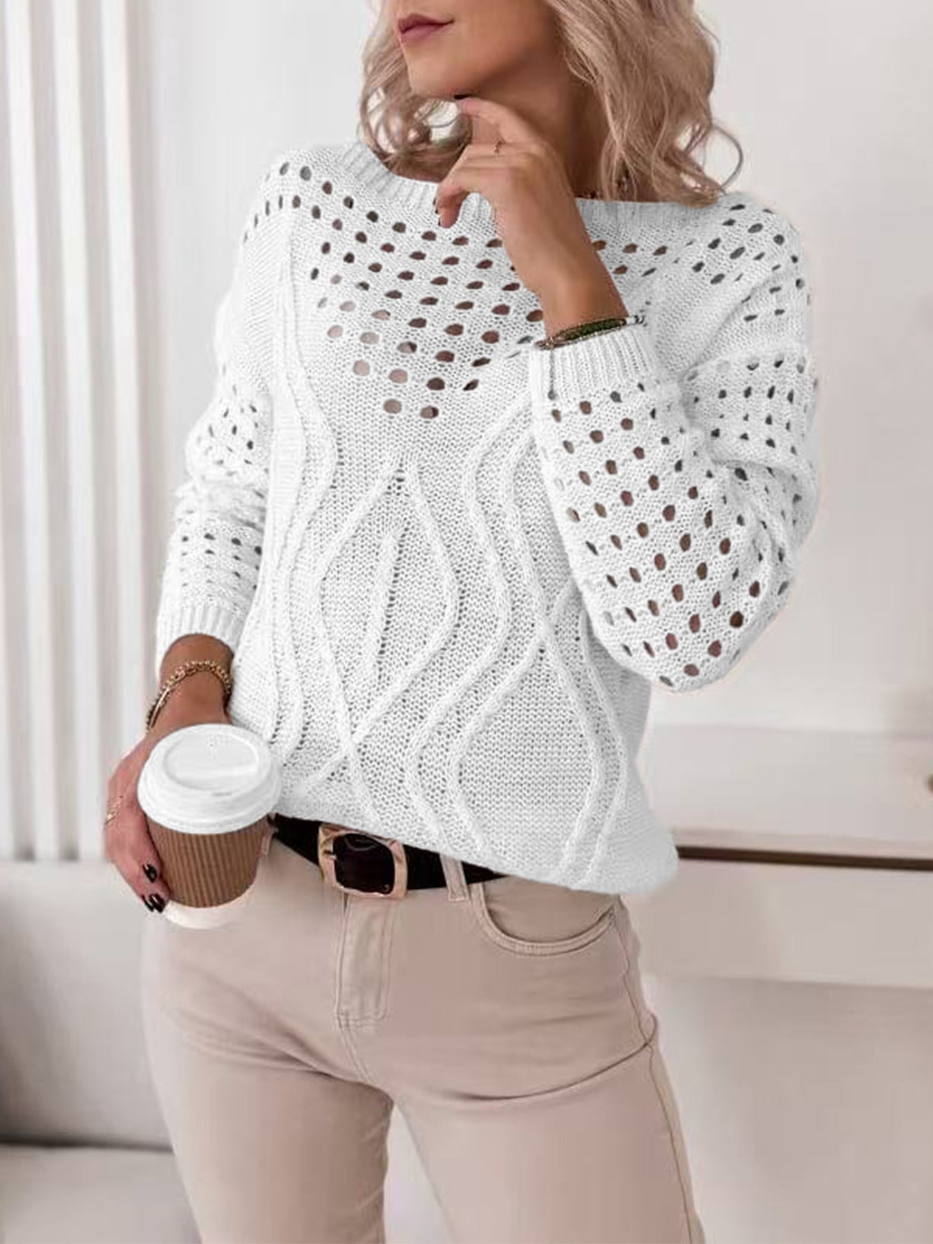 Off-neck Pullover Long Sleeve Hollow Out Sweater Women