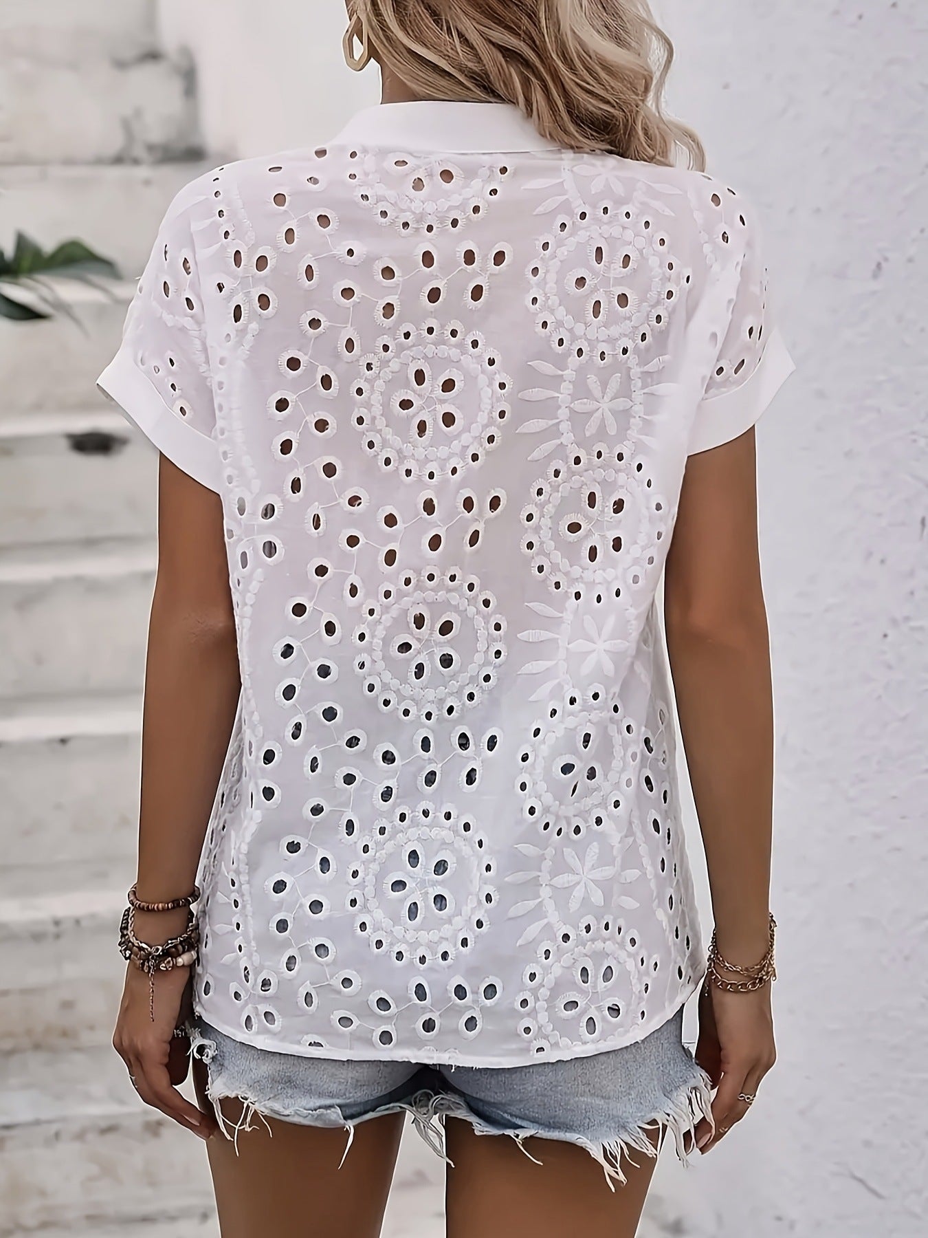 Solid Eyelet Button Front Shirt Casual Short Sleeve Shirt