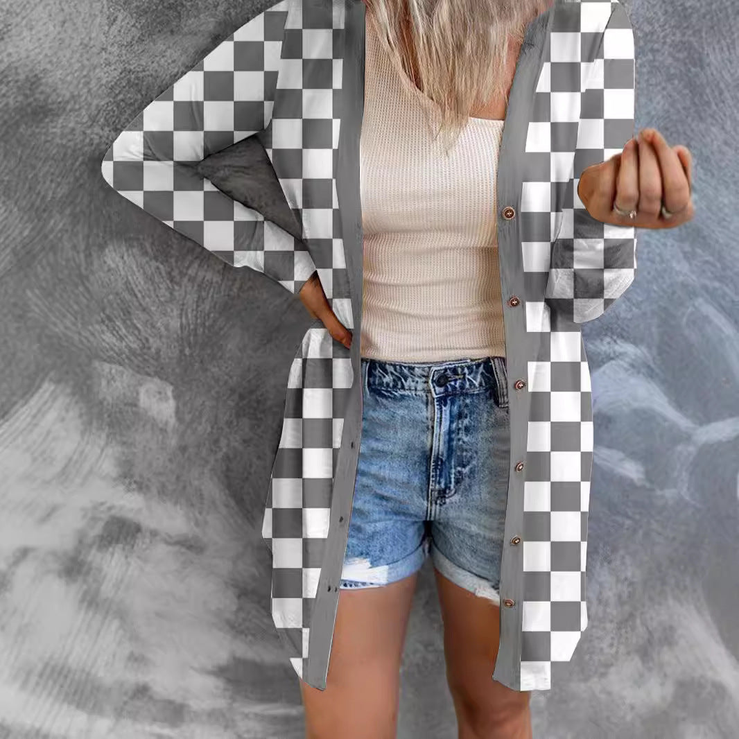 Women's Long Plaid Coat Loose Knitted Cardigan