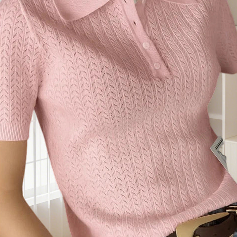 Tencel Hollow Out Bottoming Sweater Half Button Top