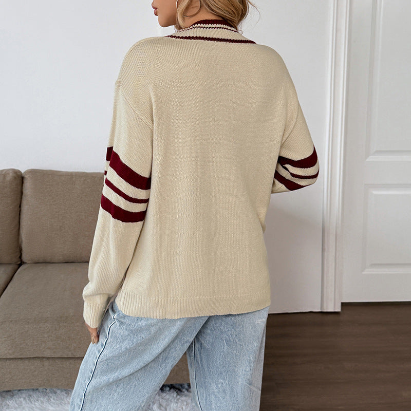 Loose-fitting Striped Long Sleeves Contrast Color V-neck Sweater