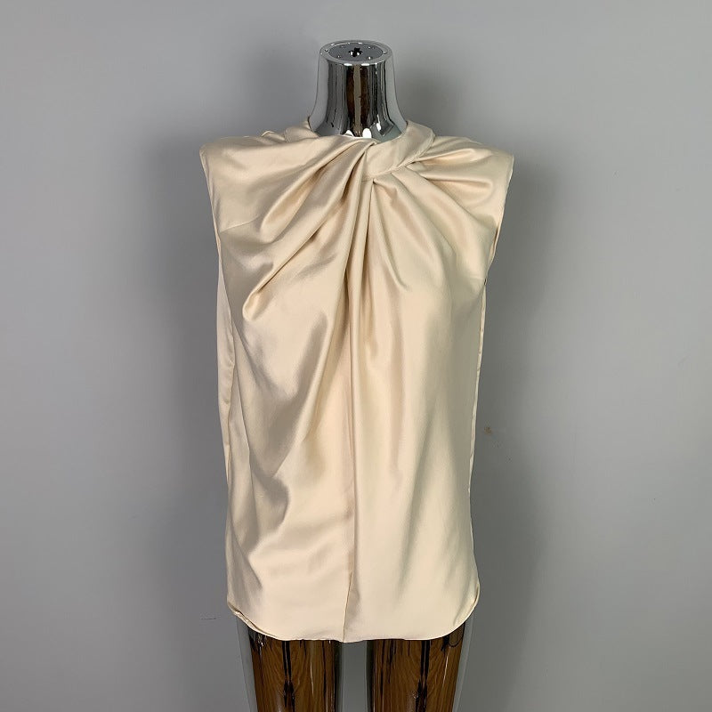 Twist Pleated Single-breasted Sexy All-matching Sleeveless Shirt