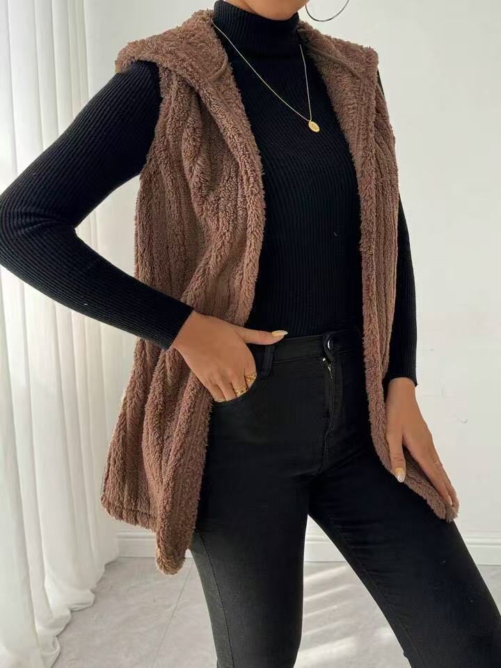 Women's Casual Solid Color Double-sided Plush Buckle-free Hooded Vest