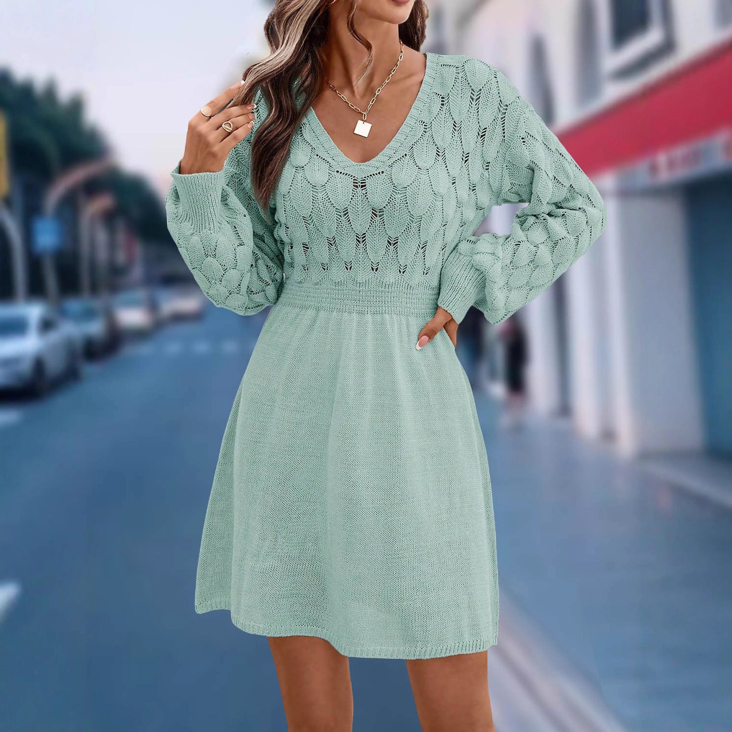 European And American V-neck Beach Dress Long Sleeve Dress