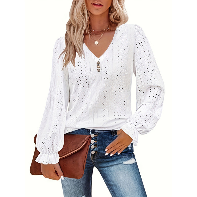 Plus Size Women's V-Neck Solid Top With Button Lantern Sleeves Hollow Out Detail Blouse For Spring&Fall
