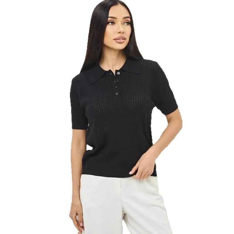 Tencel Hollow Out Bottoming Sweater Half Button Top